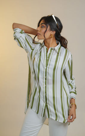 Women Olive Green Satin Striped Shirt
