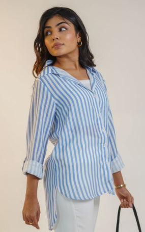 Women Blue Striped Linen Shirt