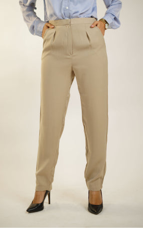 Beige High Waist Pleated Trouser