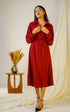 Maroon Cuffed Sleeves Shirt Midi Dress