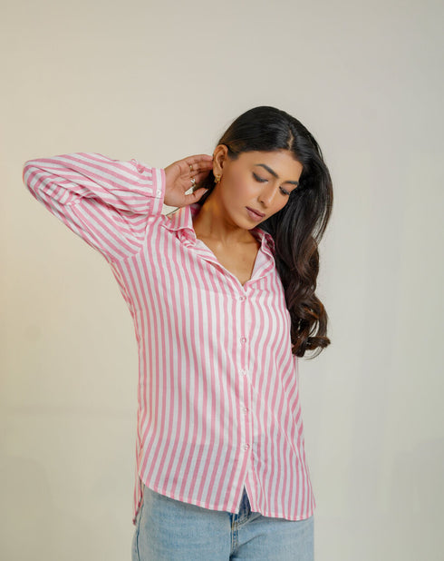Women Pink Striped Linen Shirt