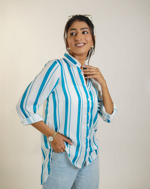 Women Blue Satin Striped Shirt