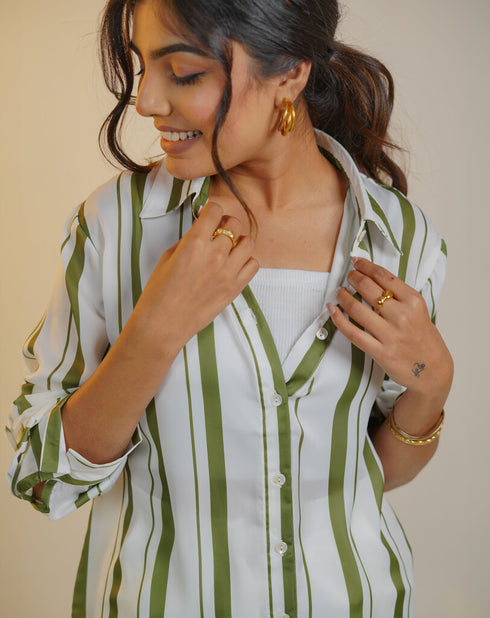 Women Olive Green Satin Striped Shirt